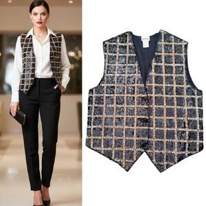 VTG 90s Black White Gold Sequins Beaded Checkered Formal Vest Medium
